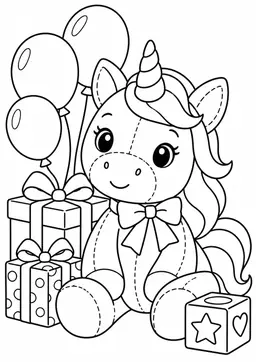 Plüsch-Einhorn zum Geburtstag: Ein kuscheliges Plüsch-Einhorn mit Geschenken und großen Geburtstagsballons. Schwarze Konturen auf weißem Hintergrund zum Ausmalen.