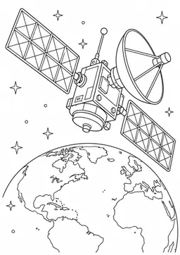 Satellit über der Erde: Ein Satellit mit gemusterten Solarpaneelen über der Erde. Schwarze Konturen auf weißem Hintergrund zum Ausmalen.
