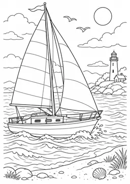 Segelboot in der Sommerbucht: Ein Segelboot in einer sommerlichen Bucht mit Leuchtturm. Schwarze Konturen auf weißem Hintergrund zum Ausmalen.