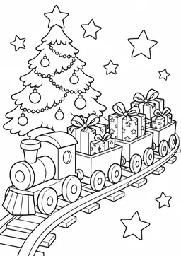 Spielzeugeisenbahn zu Weihnachten: Eine Spielzeugeisenbahn transportiert Weihnachtsgeschenke durch die Festtagswelt. Schwarze Konturen auf weißem Hintergrund zum Ausmalen.